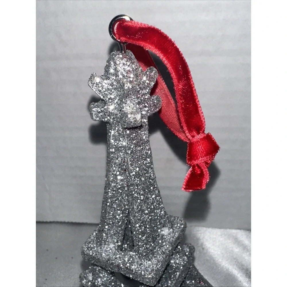 Silver Glitter Eiffel Tower Christmas Ornament Paris France Red Velvet Ribbon